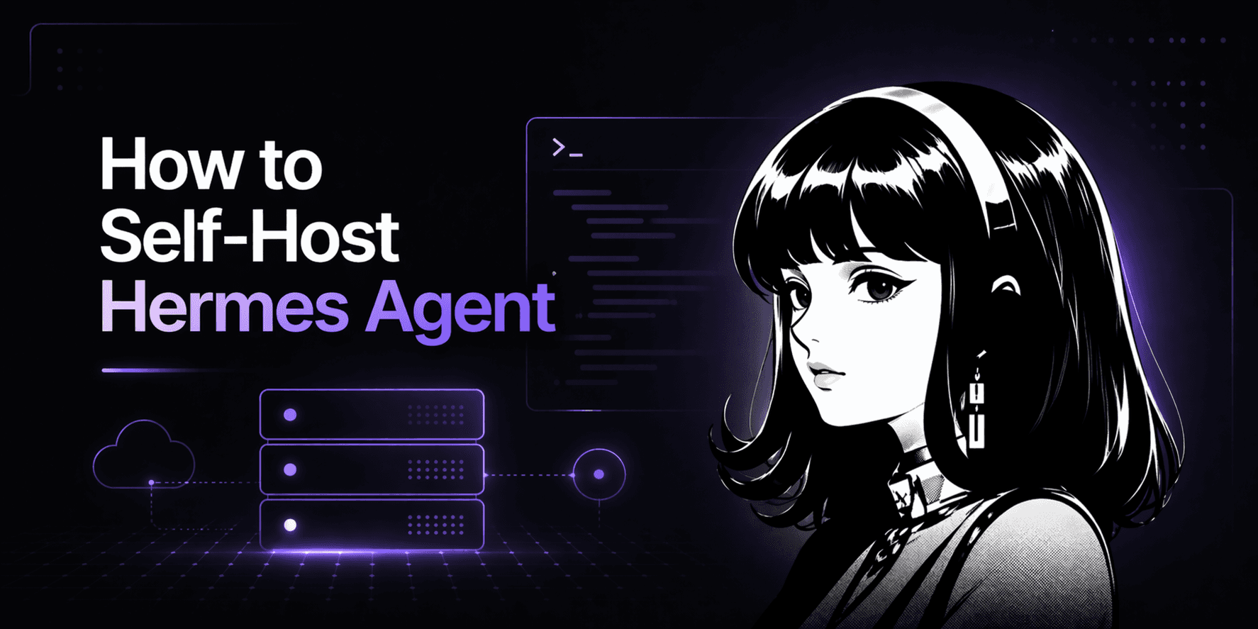 Hermes Agent self-hosting guide feature graphic showing server setup and always-on agent infrastructure.