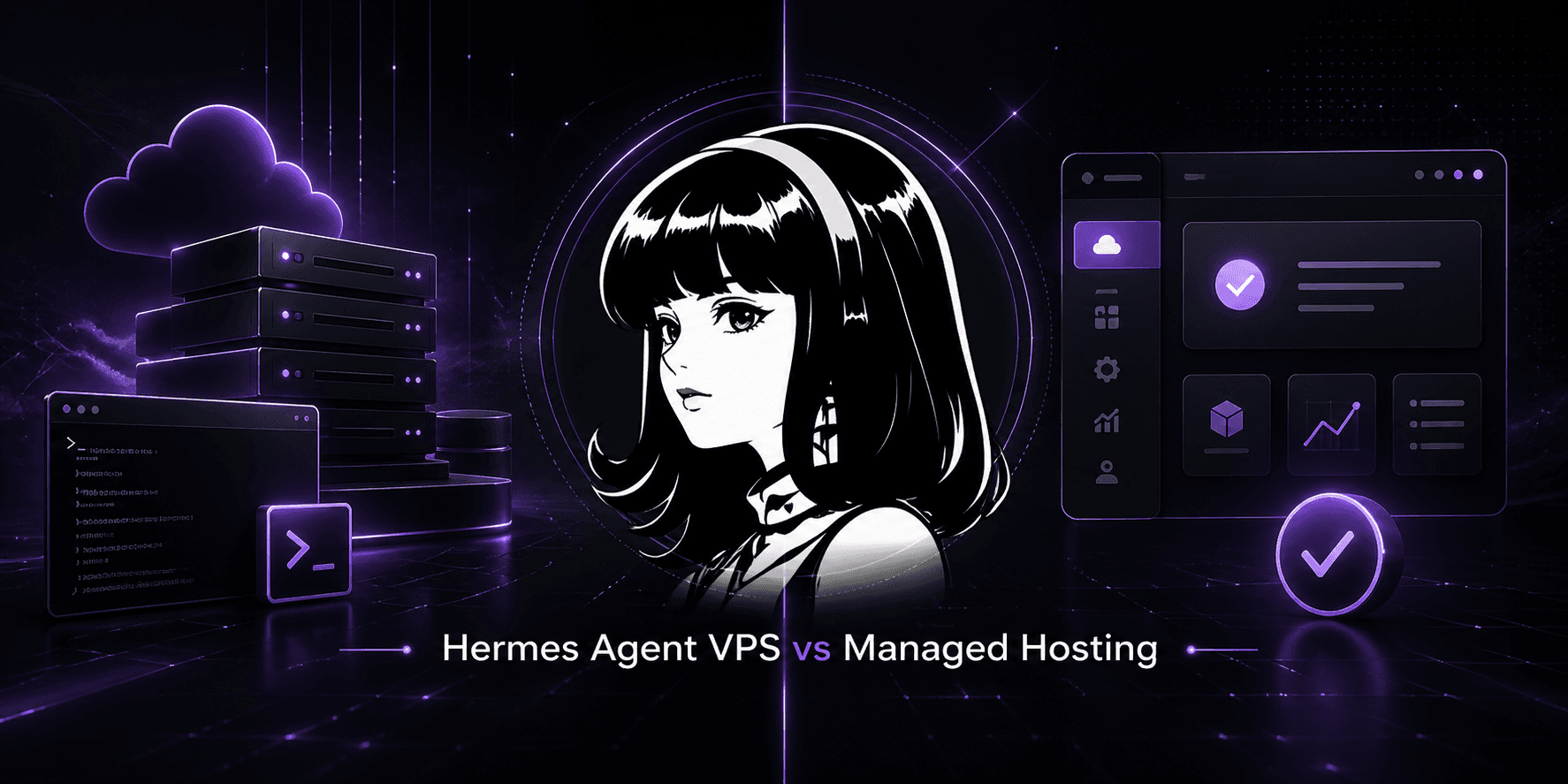 Hermes Agent VPS versus managed hosting feature graphic comparing self-hosted infrastructure with managed deployment.