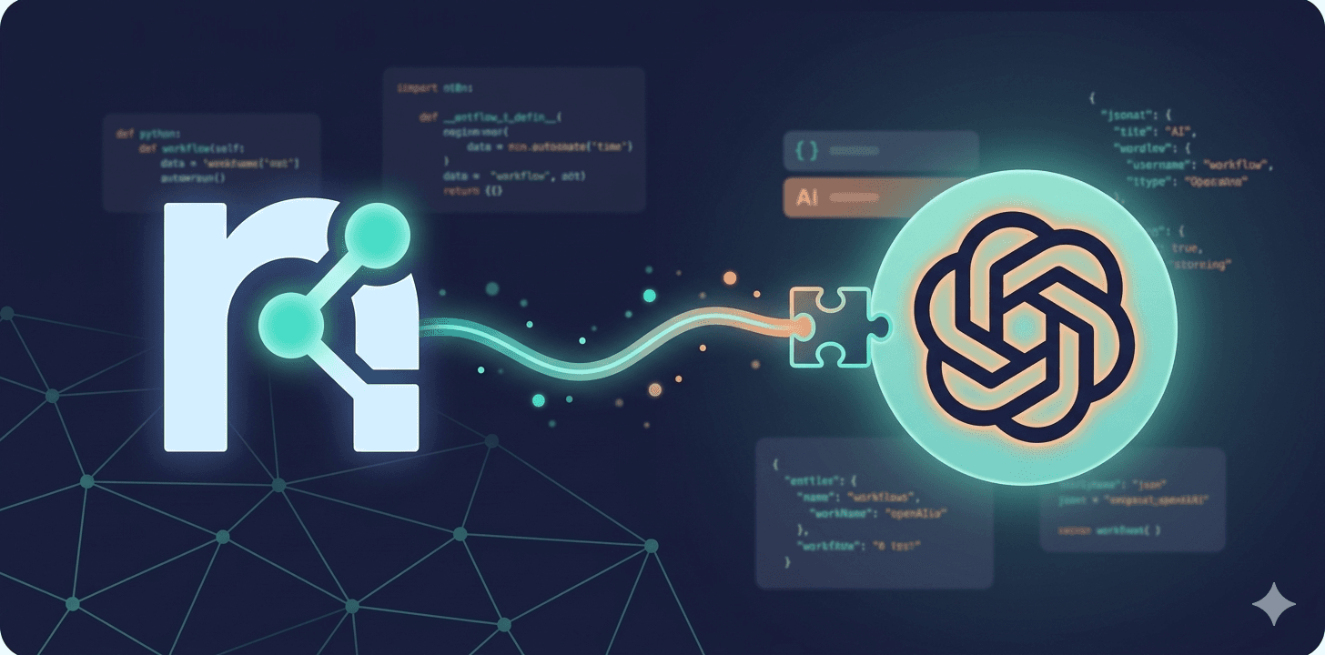 n8n logo connected to OpenAI logo with a glowing integration line on a dark technical background.