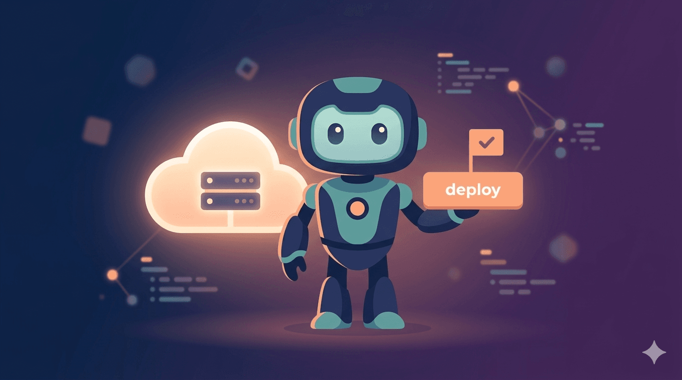 A friendly teal and blue robot holding a deploy button next to a glowing cloud with server racks, on a dark purple tech background.