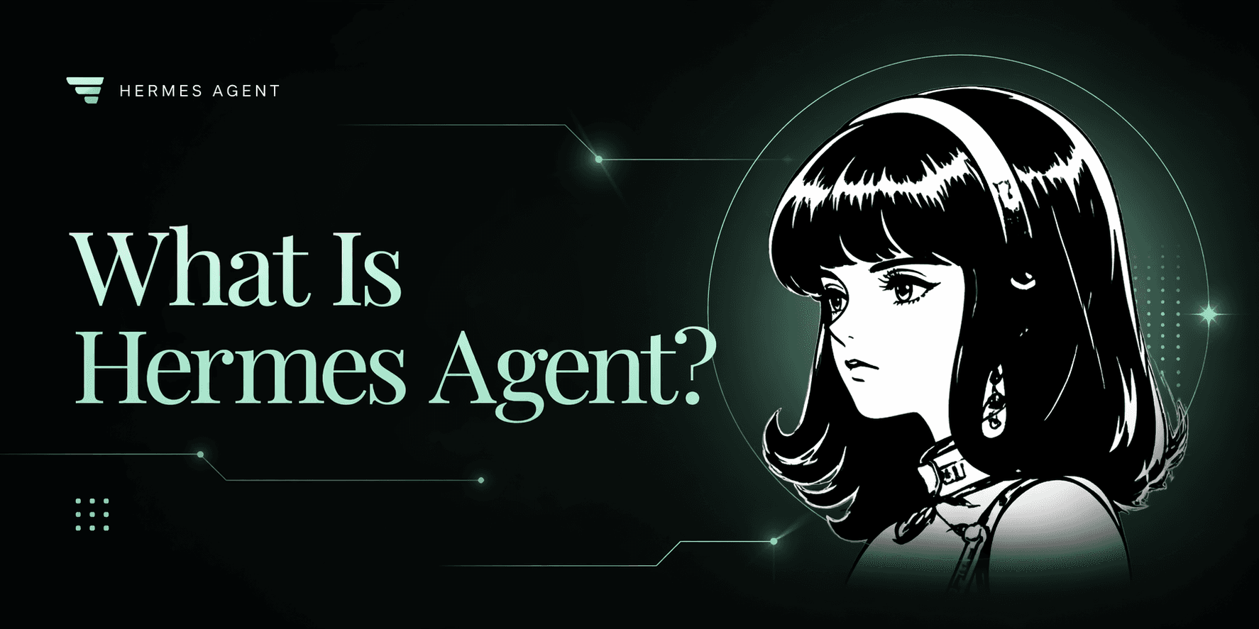Hermes Agent feature graphic for a self-improving AI assistant with memory, skills, and automation.